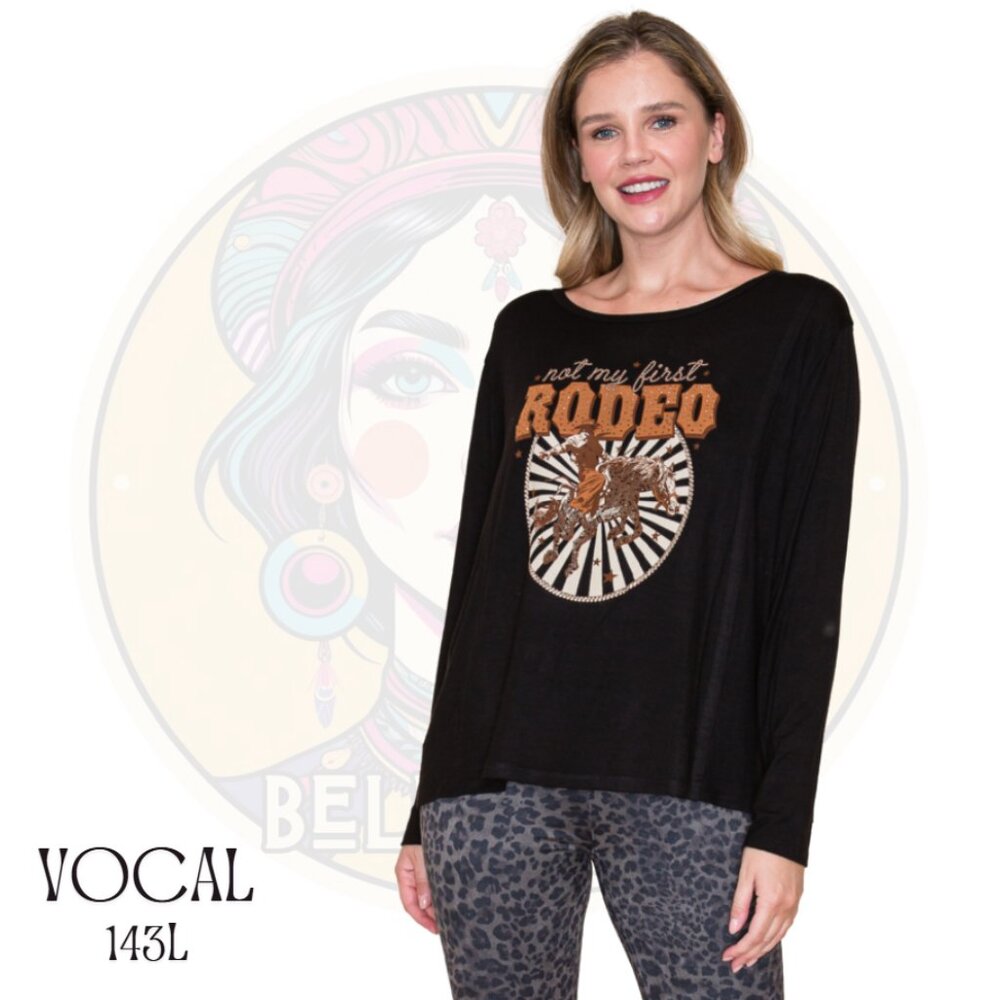 143L VOCAL Black "Not My First Rodeo" Cowboy Long Sleeve Jersey Tee